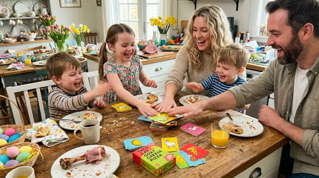 Family playing Taco Cat Goat Cheese Pizza card game during Easter brunch for overnight delivery easter basket stuffers.