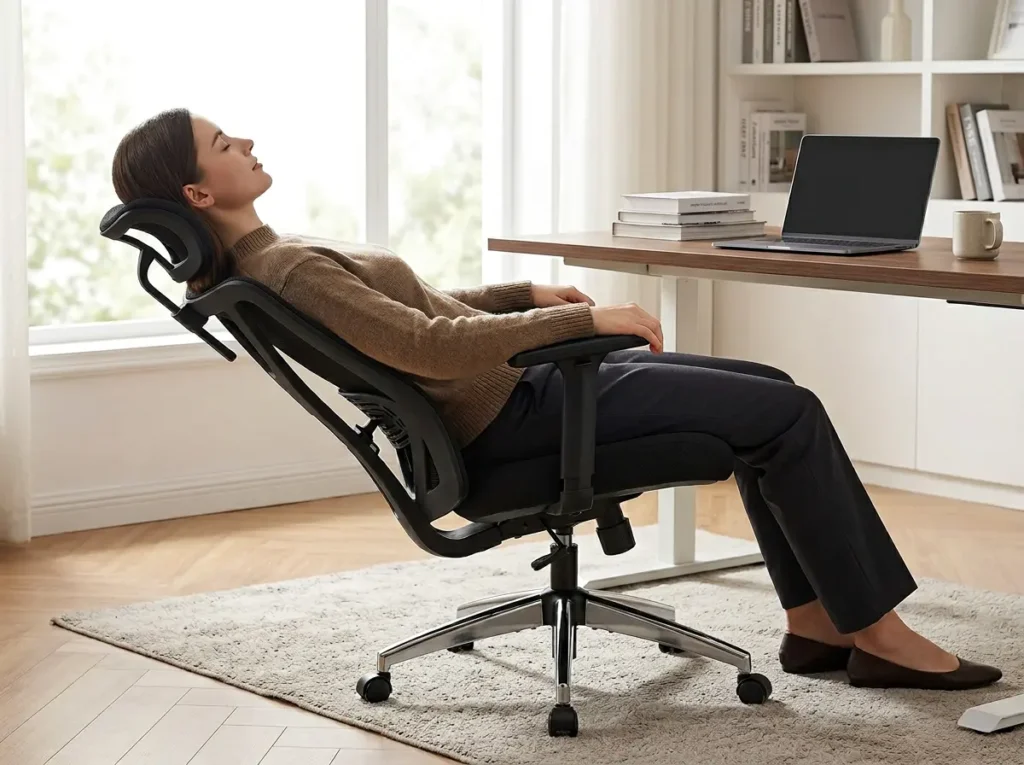 Side view of the Ticova Ergonomic Office Chair demonstrating its 130-degree deep recline and large 3D curved headrest for severe lower back pain relief.