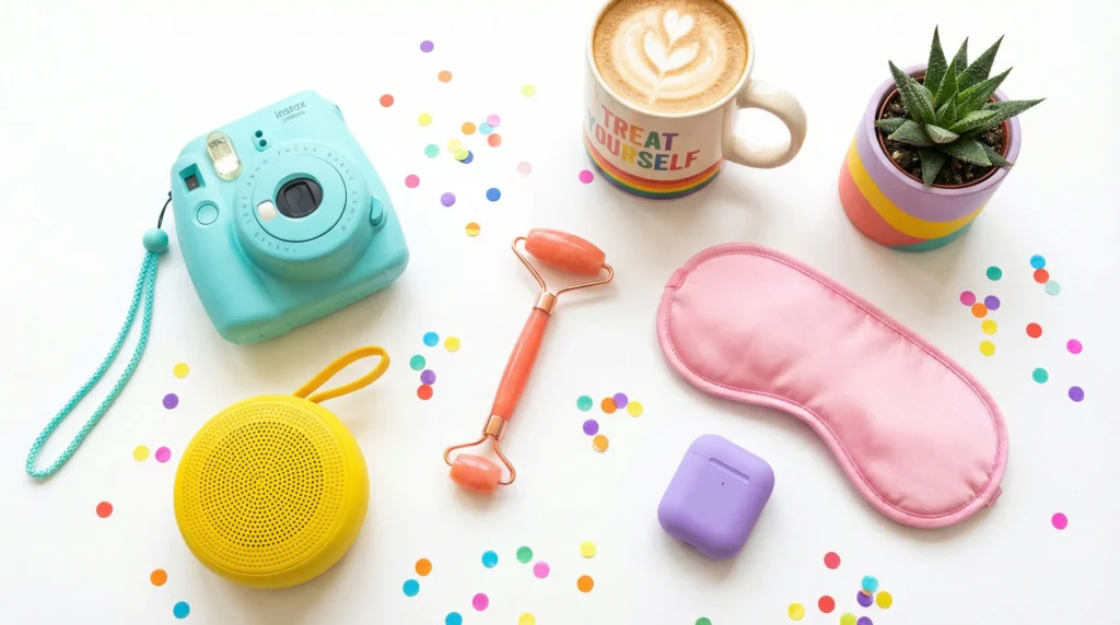 A flat lay collection of the best Amazon finds under $20, featuring self-care items and fun gadgets to treat yourself.