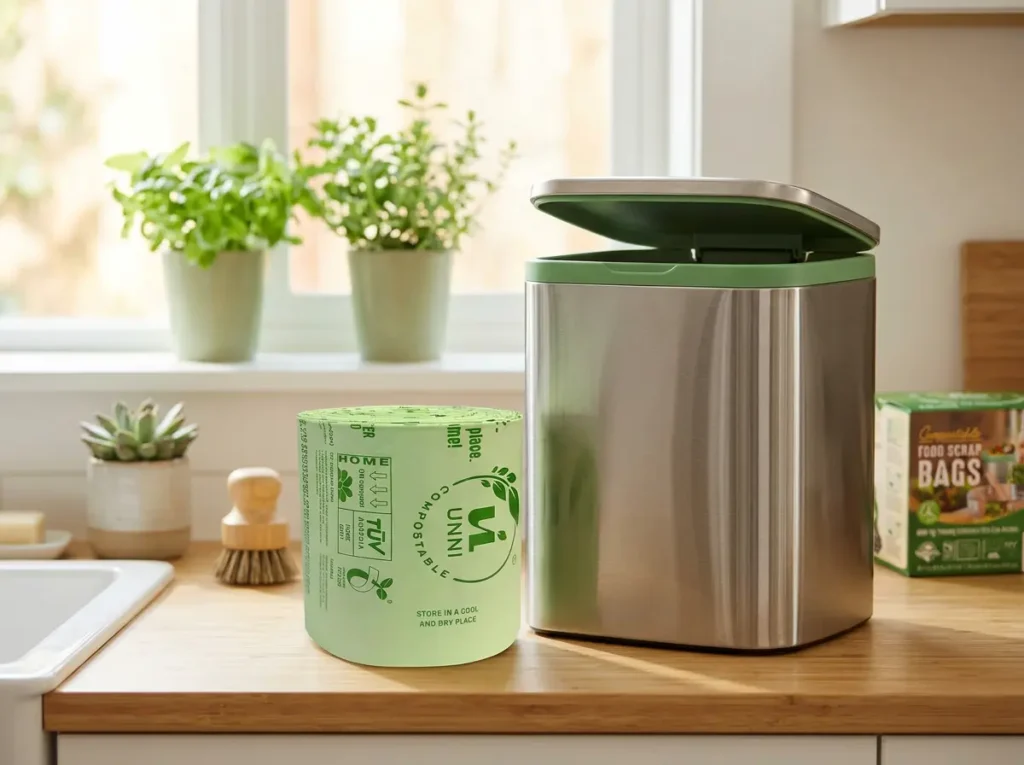UNNI 100% Compostable bags next to a countertop kitchen compost bin.