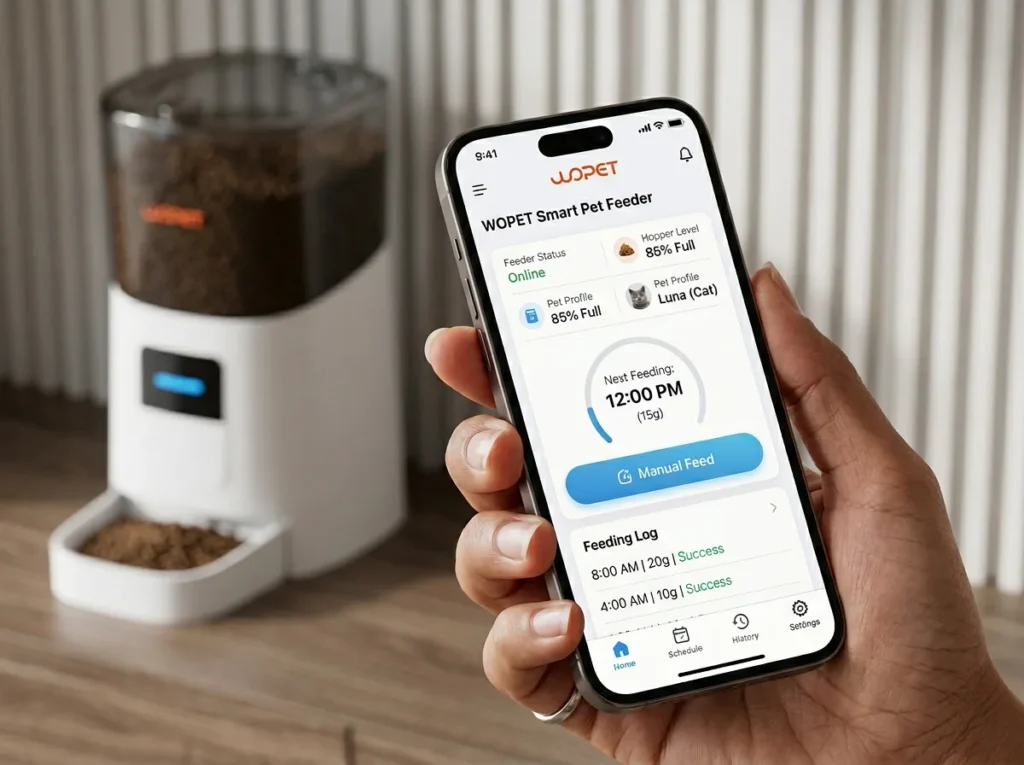 Person using smartphone app to control the WOPET 6L automatic pet feeder remotely.