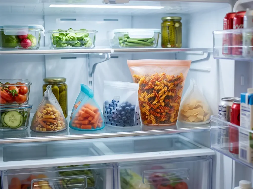 Zip Top Reusable 100% Platinum Silicone Food Storage Bags standing upright in a well-organized refrigerator.