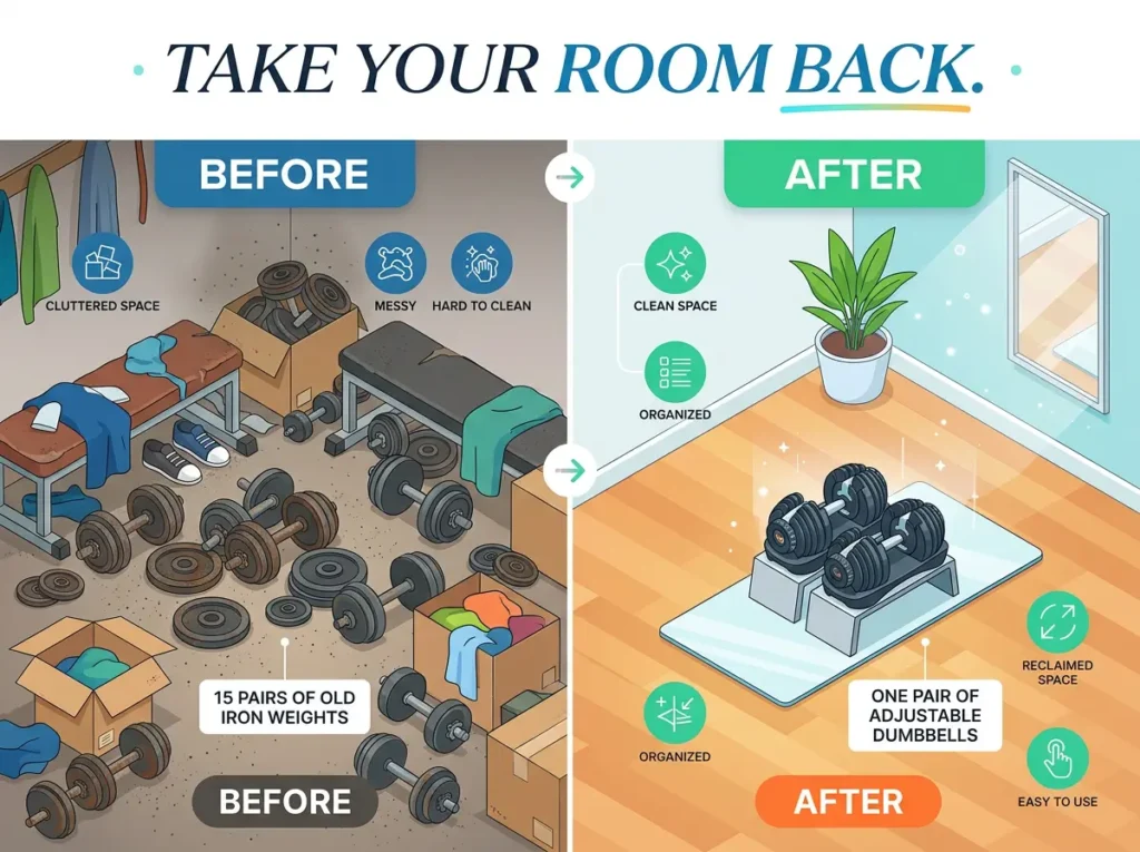 Infographic comparing traditional dumbbell racks vs. one pair of adjustable dumbbells.