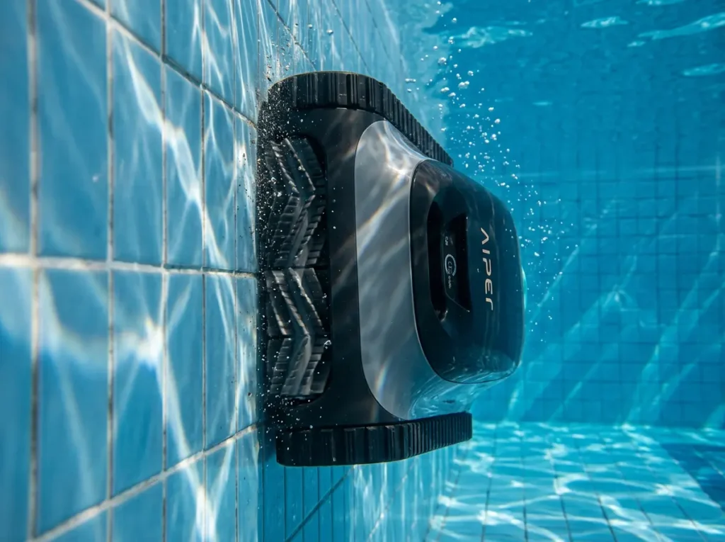 Aiper Scuba S1 cordless robotic pool cleaner scrubbing the walls of an in-ground swimming pool.