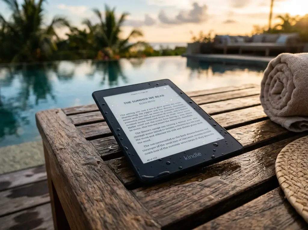 A waterproof Kindle Paperwhite resting on a wet teak wooden pool lounger with clear water droplets on its screen