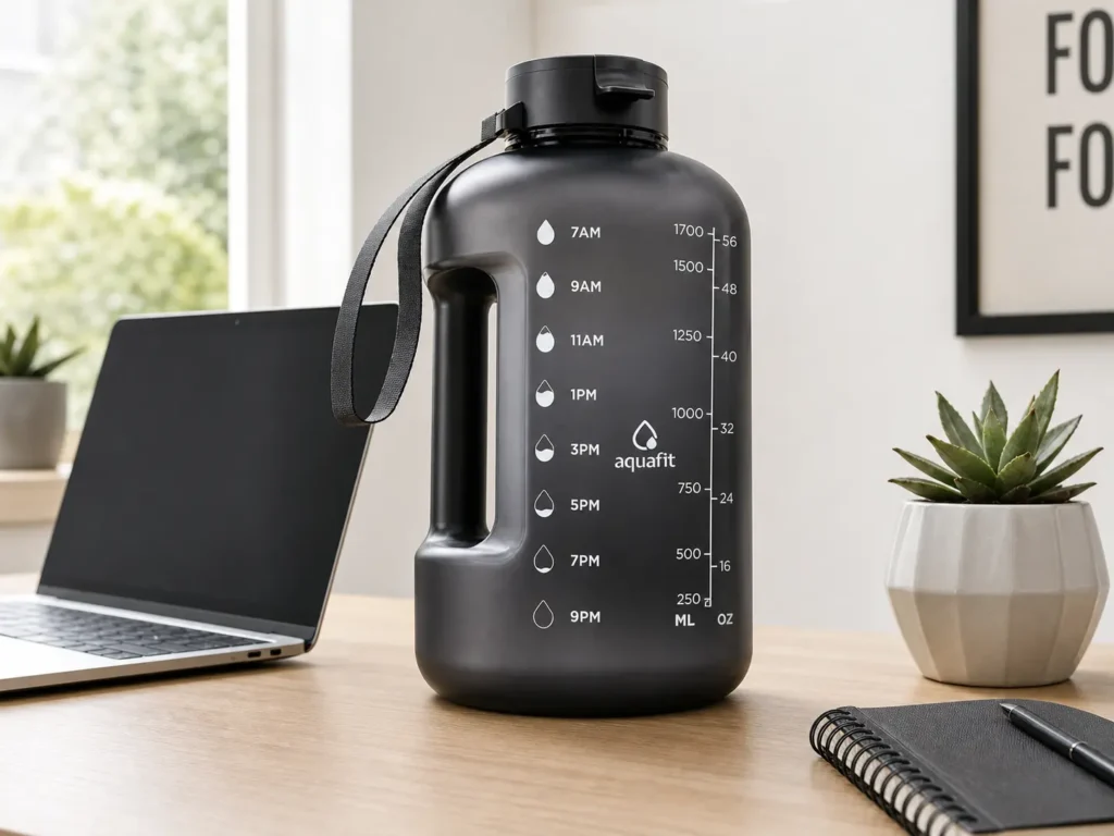 The AQUAFIT 64 oz Water Bottle with Time Marker with its sleek midnight black design sits on a clean wooden workspace next to a laptop.