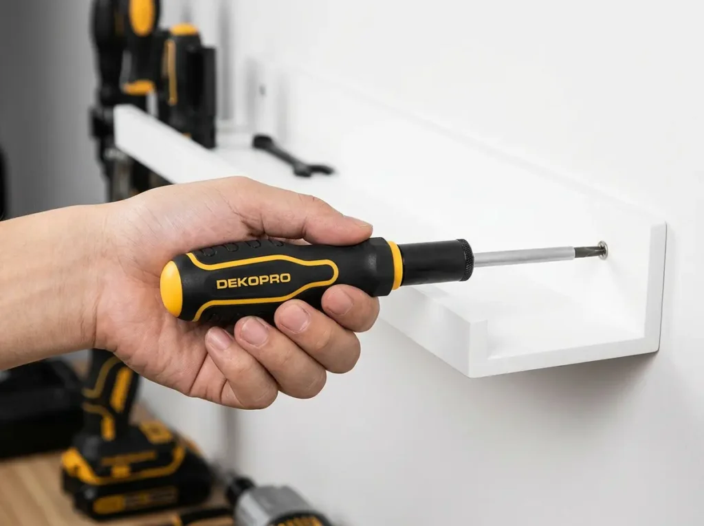 Assembling IKEA furniture with DEKOPRO 168 piece home tool kit.