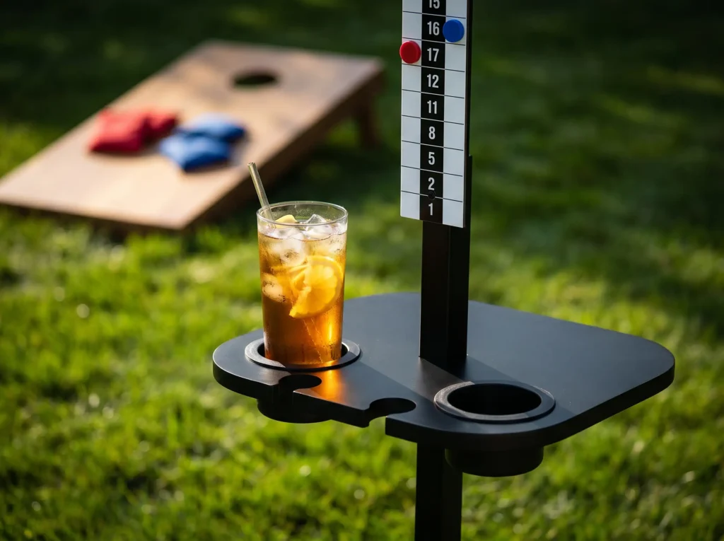 A GoSports universal backyard scorekeeper stand with drink holders and a bottle opener.