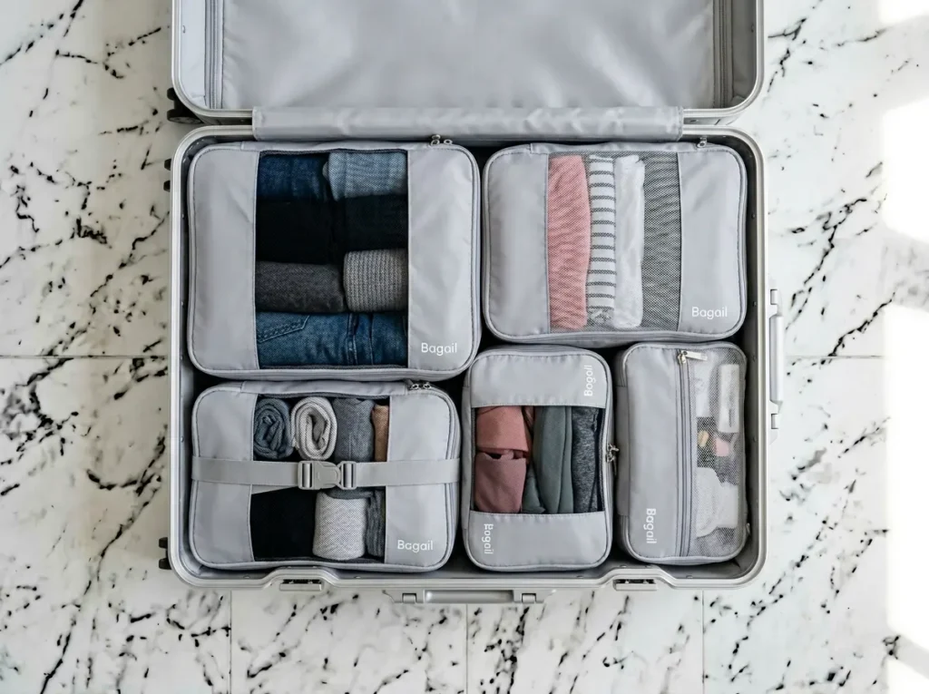 Neatly packed Bagail compression packing cubes in pastel gray sitting perfectly inside an open metallic silver carry-on suitcase.