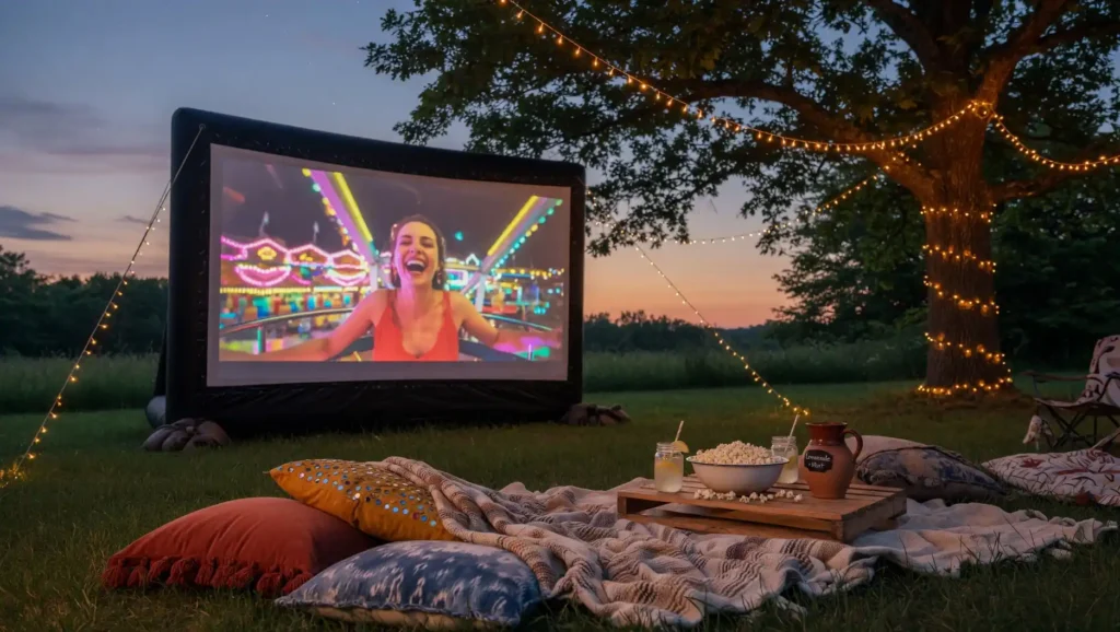 A cozy outdoor movie setup showcasing the best inflatable projector screen for backyard theater nights.