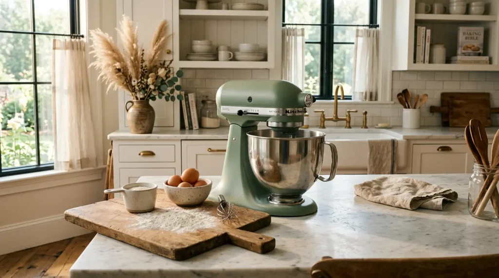 A beautiful pastel green KitchenAid Stand Mixer Wedding Gift on a white kitchen counter.
