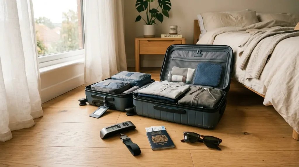 Best portable luggage scale sitting on a wooden floor next to an open carry-on suitcase, passport, and sunglasses in a naturally lit bedroom.