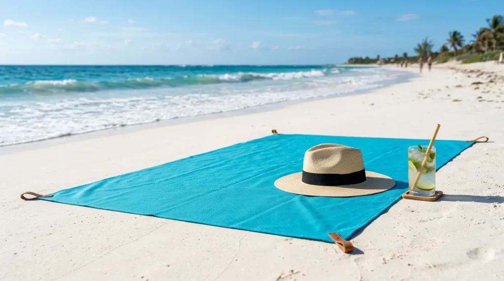 A premium sand-proof beach blanket spread on a sunny beach, showcasing a clean surface for a comfortable summer day without sand tracking.