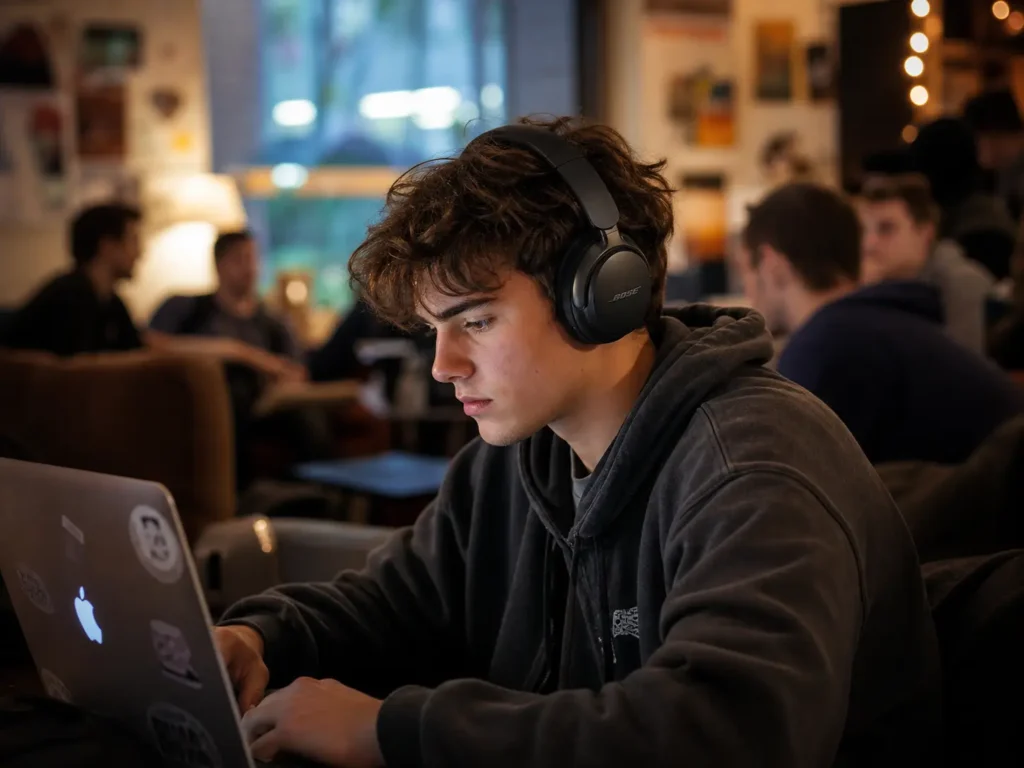 Student using Bose QC Ultra headphones in loud
dorm environment