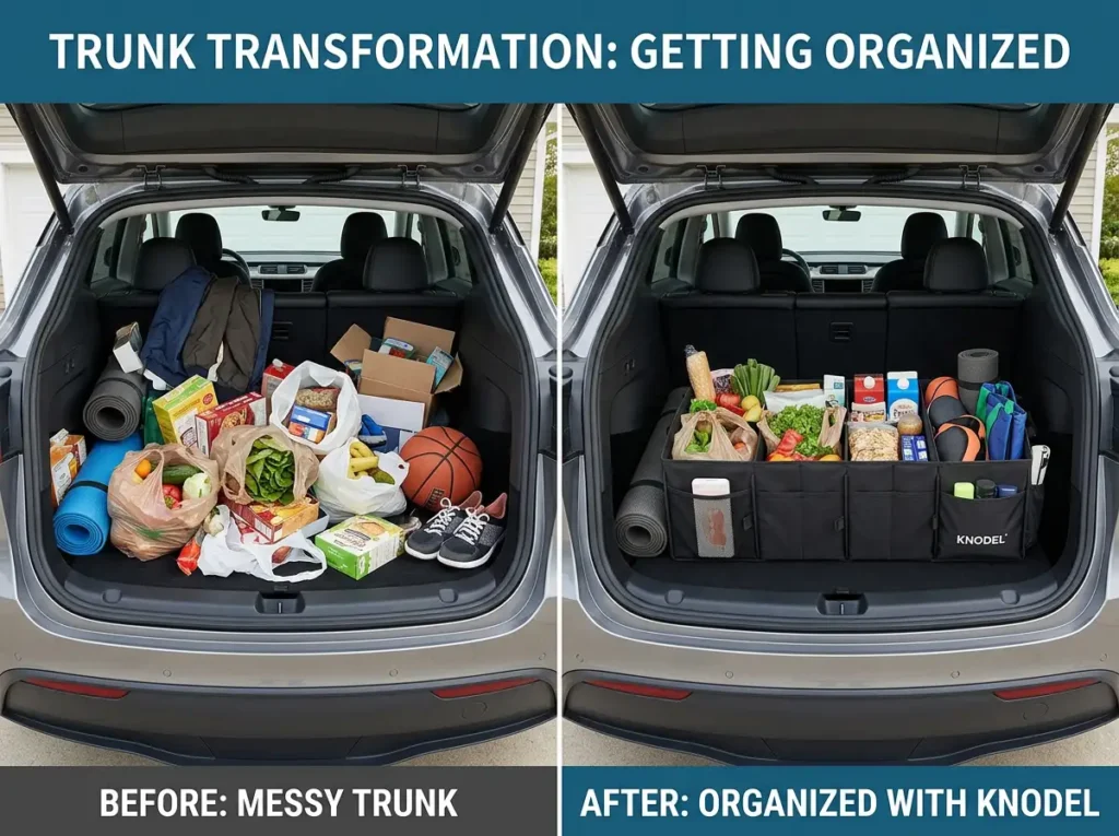 Before and after comparison of car trunk organization using a professional organizer.