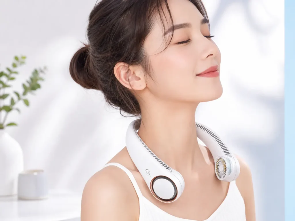 A white Civpower Portable Neck Fan draped around a mannequin's neck, highlighting its slim profile.