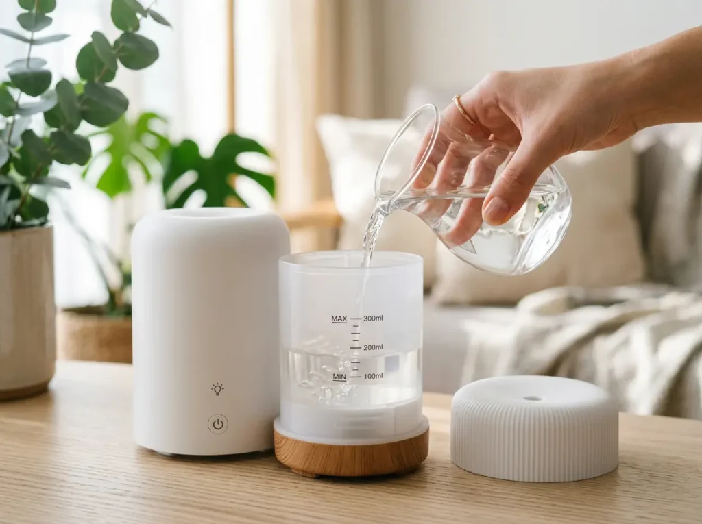 Filling the water tank of a 500ml premium essential oil diffuser on a clean white countertop.