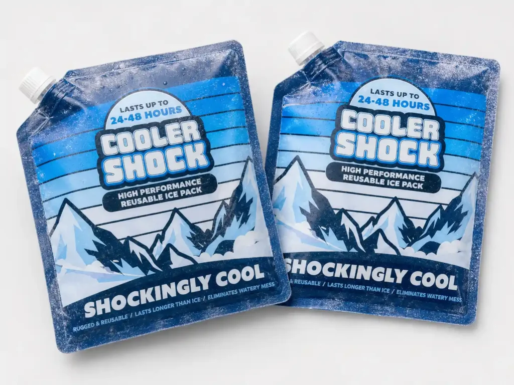 Cooler Shock High Performance Reusable Ice Packs with frost on a white table.