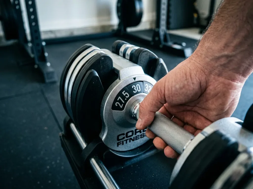 Core Home Fitness adjustable dumbbell rapid twist handle mechanism.