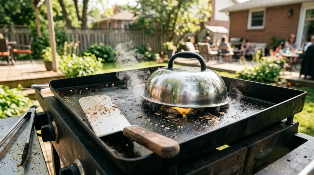 A stainless steel Cuisinart melting dome sitting over cheeseburgers on an outdoor flat-top griddle