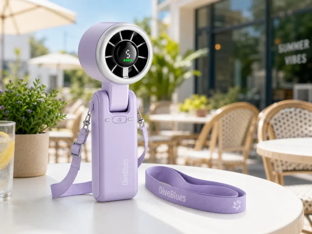 Lavender Diveblues Portable Handheld Turbo Fan with digital battery display on an outdoor table.
