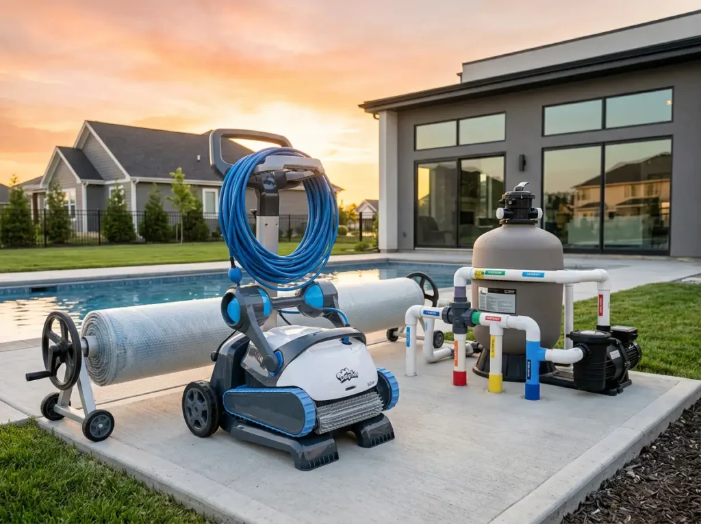 A robotic pool cleaner stored correctly on a caddy to prevent brush damage and organize the cable.