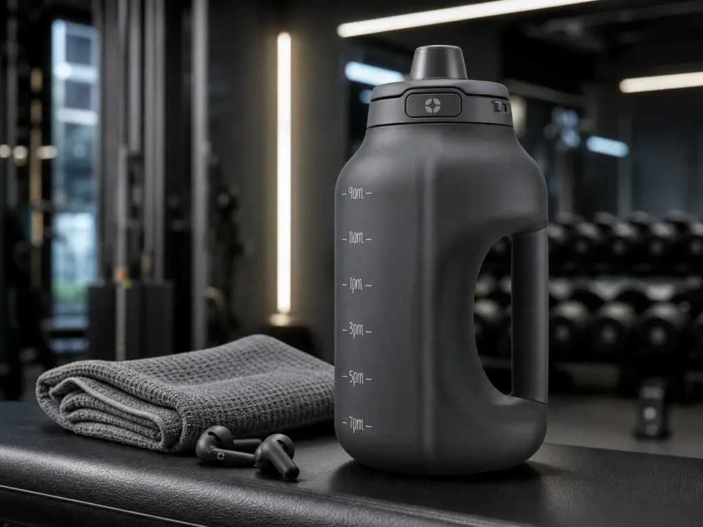 A grey Ello Hydra 64oz Half Gallon Water Jug sits on a gym bench next to a folded towel and wireless earbuds.