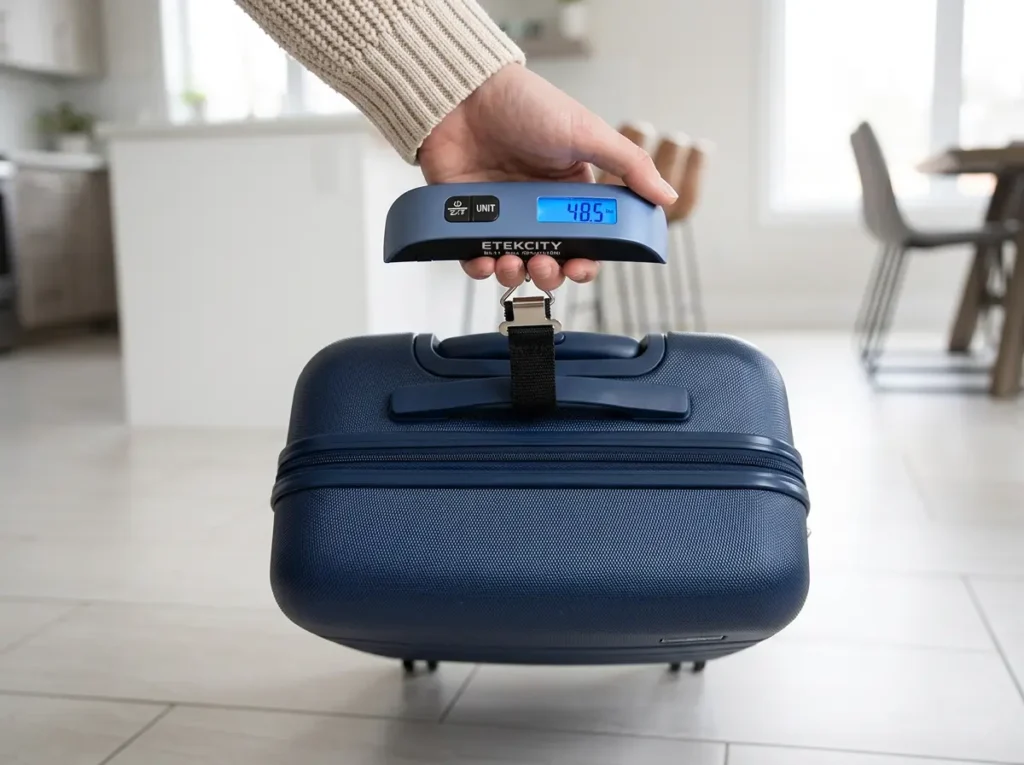 Close-up of a hand lifting a heavy blue suitcase using the Etekcity digital luggage scale showing the weight on a bright LCD screen.