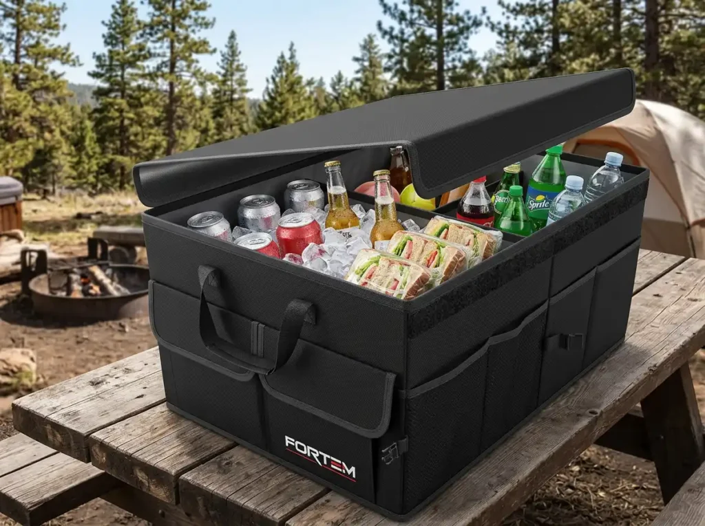 Heavy-duty FORTEM trunk organizer with leakproof cooler and lid for SUV.