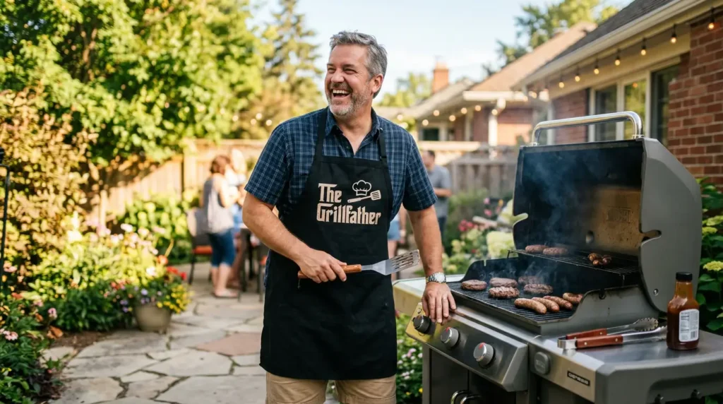 A smiling father wearing black funny grilling aprons for dad during a backyard cookout