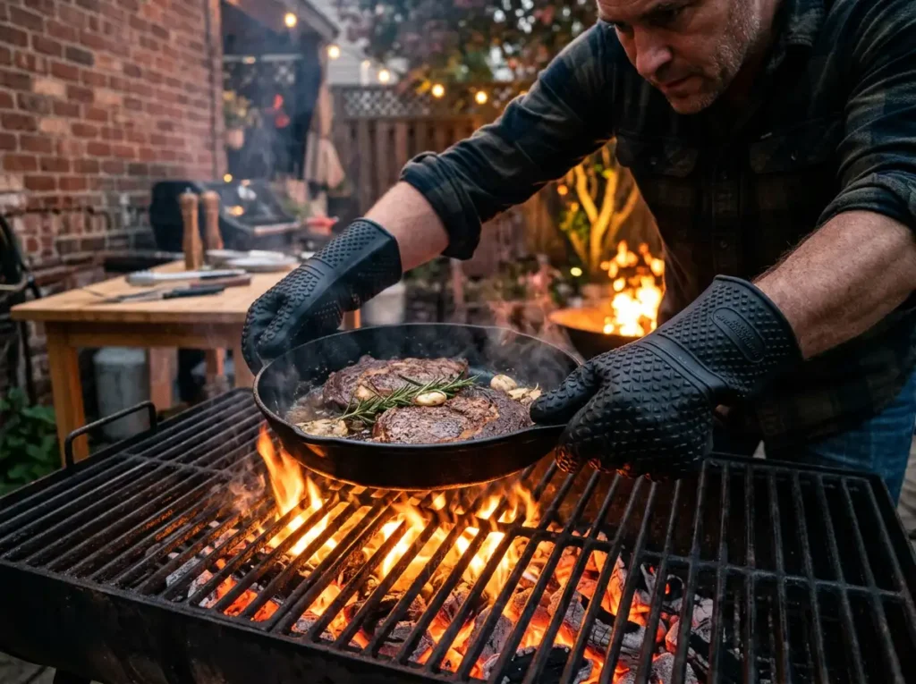 GEEKHOM non-slip silicone BBQ gloves for safe handling of hot meat and probes.