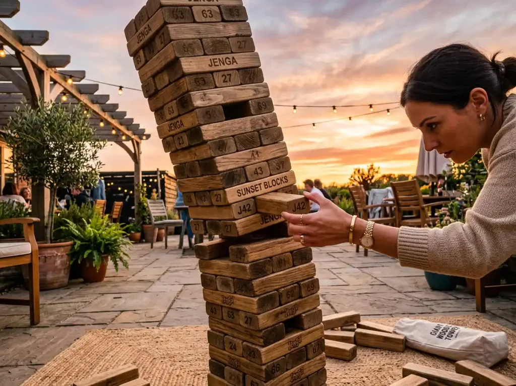 A giant wooden toppling tower game set up on an outdoor patio during a social gathering.