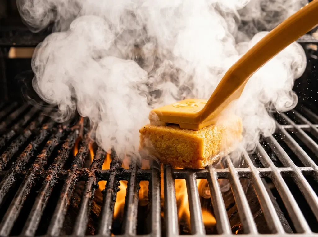 Using a Grill Rescue steam cleaner to safely remove grease from hot BBQ grates.