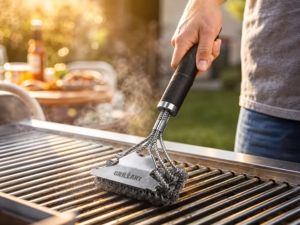 GRILLART triple coil best bristle free grill brush cleaning hot barbecue grates on a backyard patio