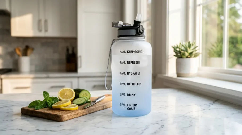 A stylish frosted half-gallon water bottle with time marker sits on a bright, minimalist marble kitchen counter next to fresh lemons, cucumber slices, and green mint leaves.