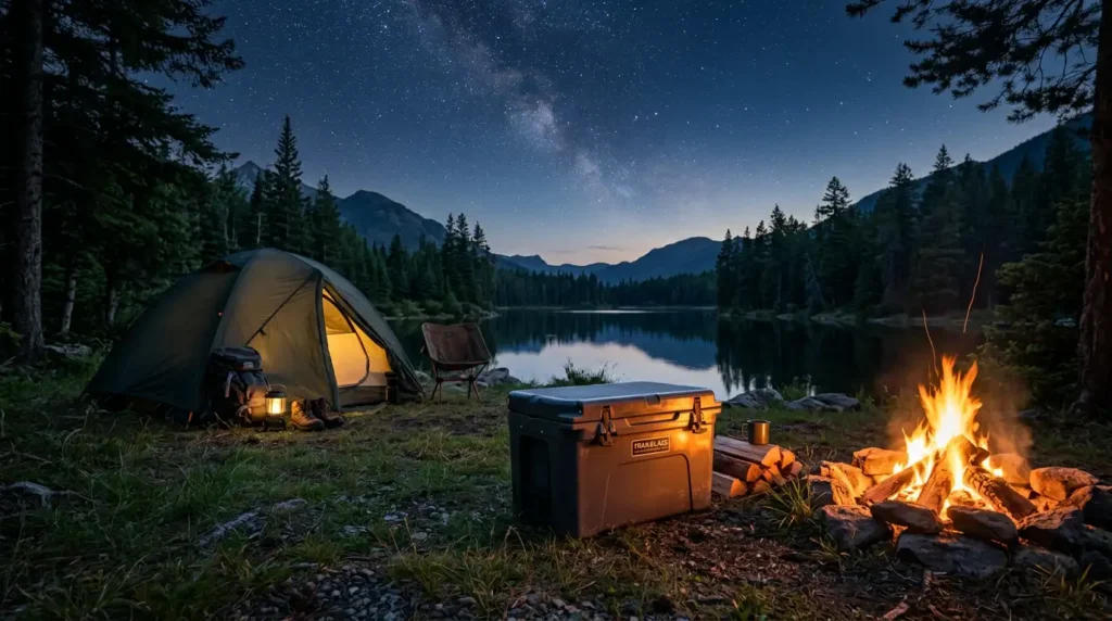 The best YETI cooler alternatives next to a campfire at a lakeside campsite at dusk