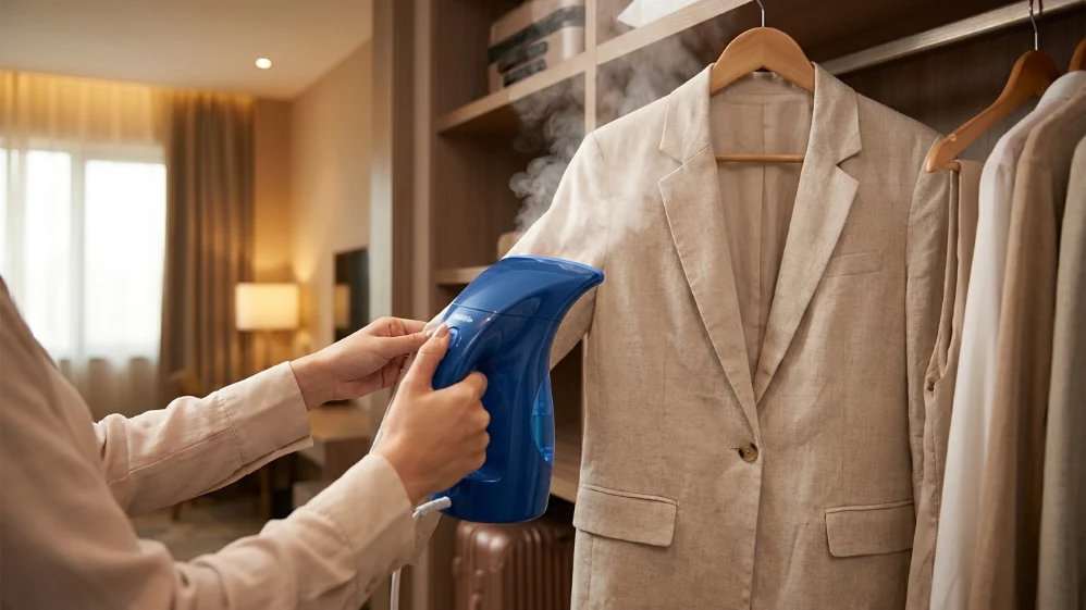 An elegant blue Hilife Steamer for Clothes releasing gentle steam onto a wrinkled linen wedding guest blazer