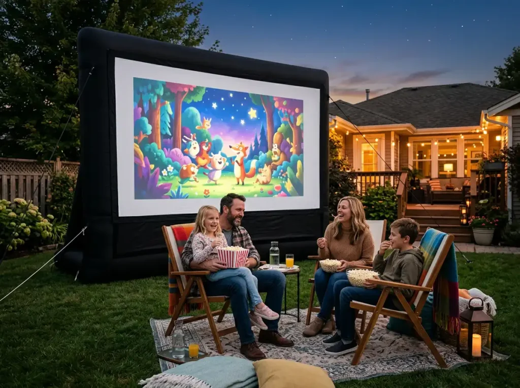 HuaKastro 14ft inflatable movie screen fully set up in a suburban backyard with folding chairs during a family movie night.