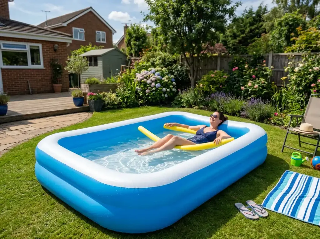 Intex 120 inch rectangular Swim Center Family Inflatable Pool in a sunny backyard garden