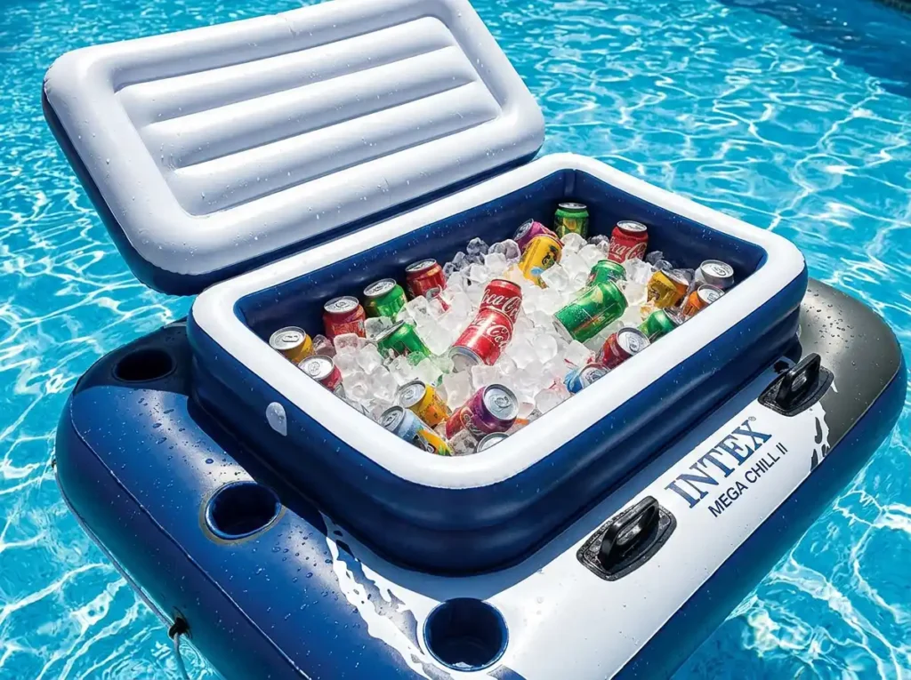 Intex Mega Chill II Inflatable Floating Cooler with ice and cans floating in an inflatable pool