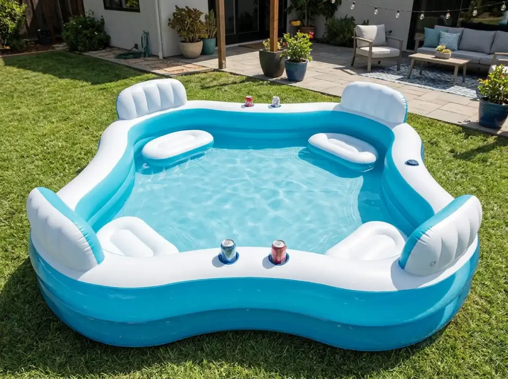 Intex Swim Center Family Lounge Inflatable Pool with built-in seats and backrests in a backyard patio