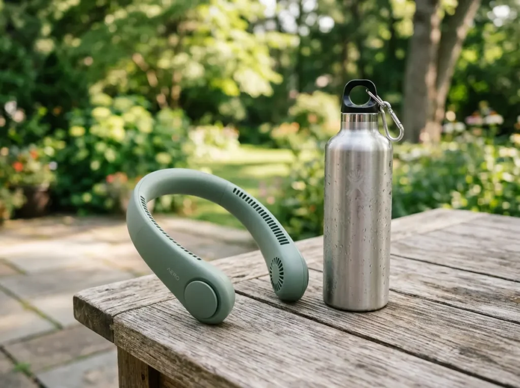 A close-up of a sage green JISULIFE Portable Neck Fan resting on a wooden table next to a water bottle.