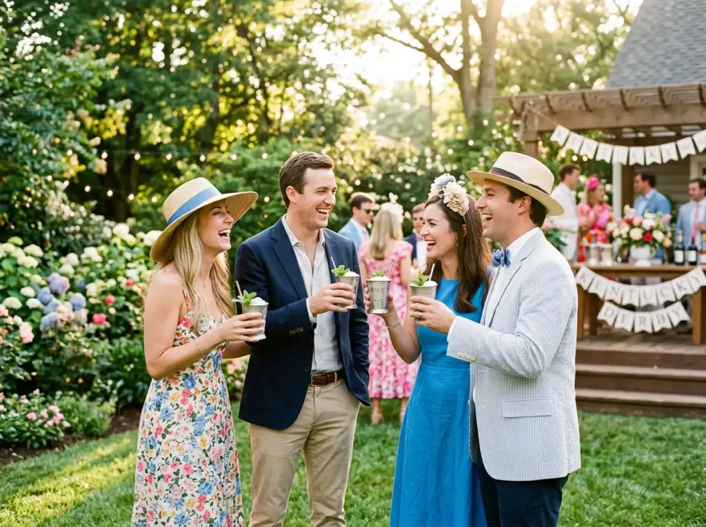 Friends enjoying bourbon cocktails in copper and silver cups at a Kentucky Derby home party.