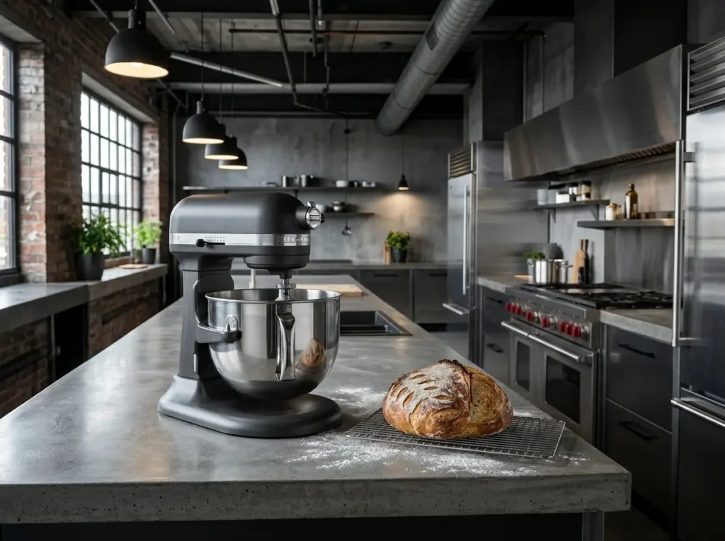 A professional charcoal gray KitchenAid 7-Quart Bowl-Lift Stand Mixer on a concrete island in an industrial kitchen