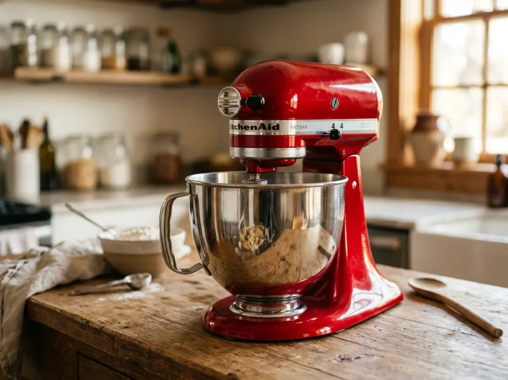 An empire red KitchenAid Artisan Series 5-Quart Tilt-Head Stand Mixer with its stainless steel bowl on a warm wooden kitchen counter
