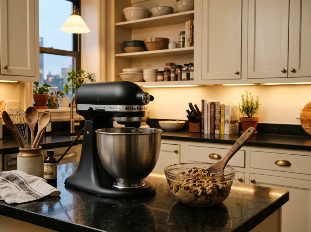 An onyx black KitchenAid Classic stand mixer in a cozy, space-efficient apartment kitchen