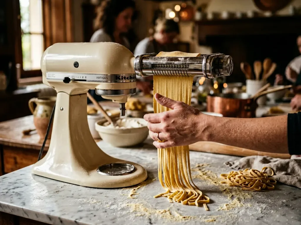 A stainless steel KitchenAid pasta roller attachment processing thin golden sheets of homemade fettuccine