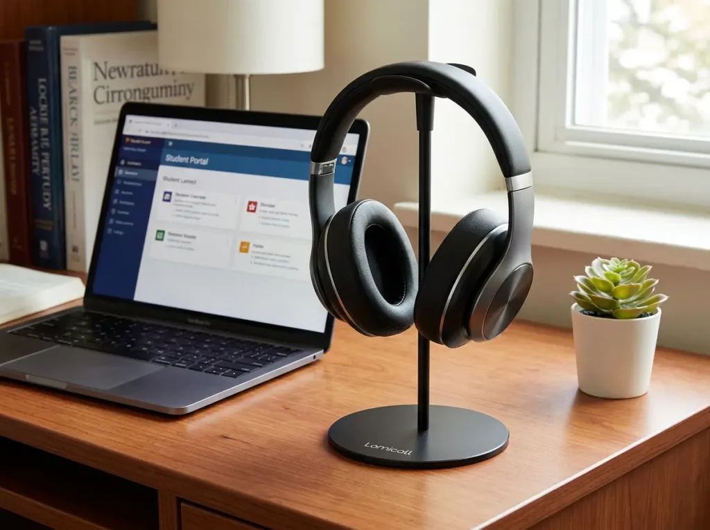 Lamicall Desktop Headphone Stand Holder used for organizing a small college dorm desk.