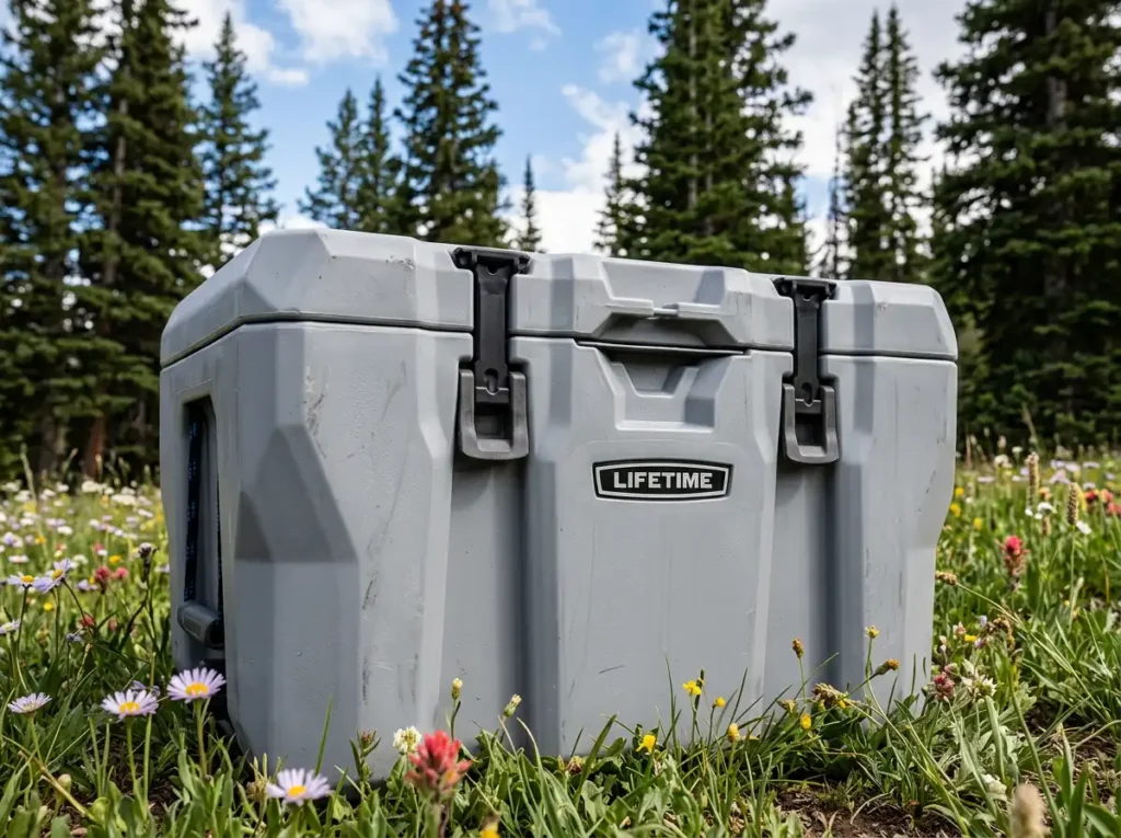  Lifetime 55 Quart High Performance bear-proof cooler in a grassy meadow.