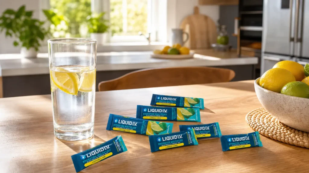Packets of Liquid I.V. Hydration Multiplier sit next to a glass of water infused with fresh lemon wedges on a sunny kitchen table.
